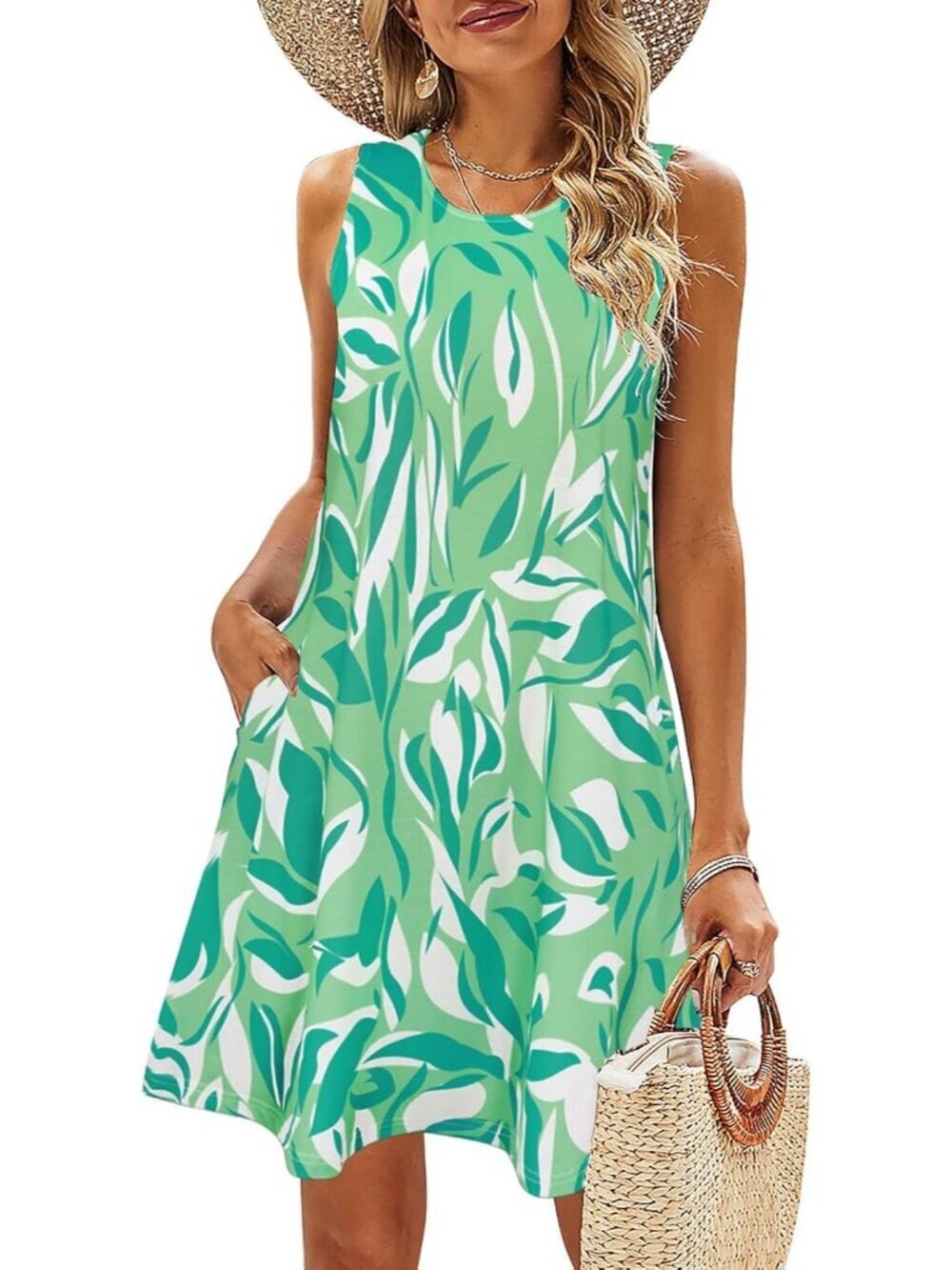 Women's Green Leaf Floral Stylish Shirt Sundress Casual Pockets Boho Tank Dress